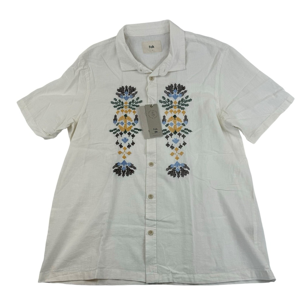 Folk Mast SS Shirt Ecru Linen Blend Embroidered Hawaiian Mens Large NWT